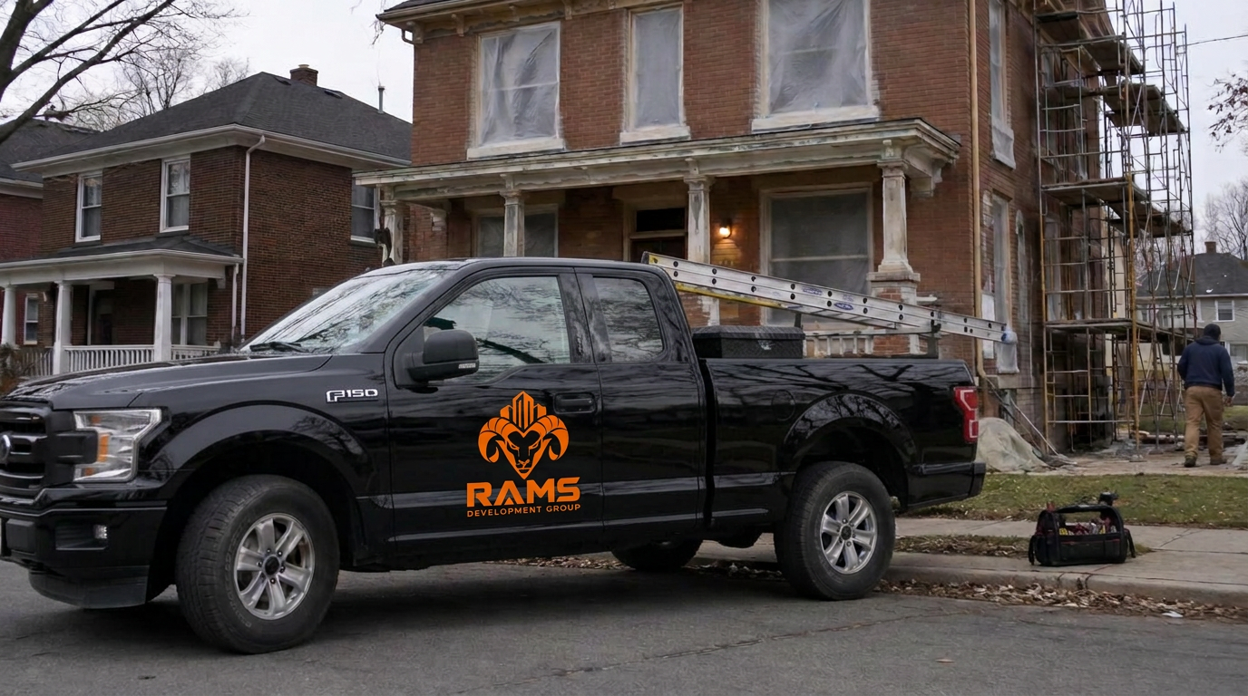 Rams Development Group work truck at a job site