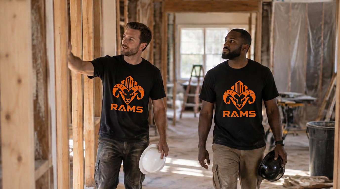Rams team walking a job site mid-renovation